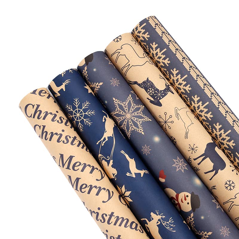 Christmas Wrapping Paper Set, 10 Pack Folded Sheets (5 Designs, 2 Each) 70x50cm – Kraft & Navy Gift Wrap Paper with Reindeer and Snowflake Prints – Recyclable Xmas Wrapping for Gifts & Holidays