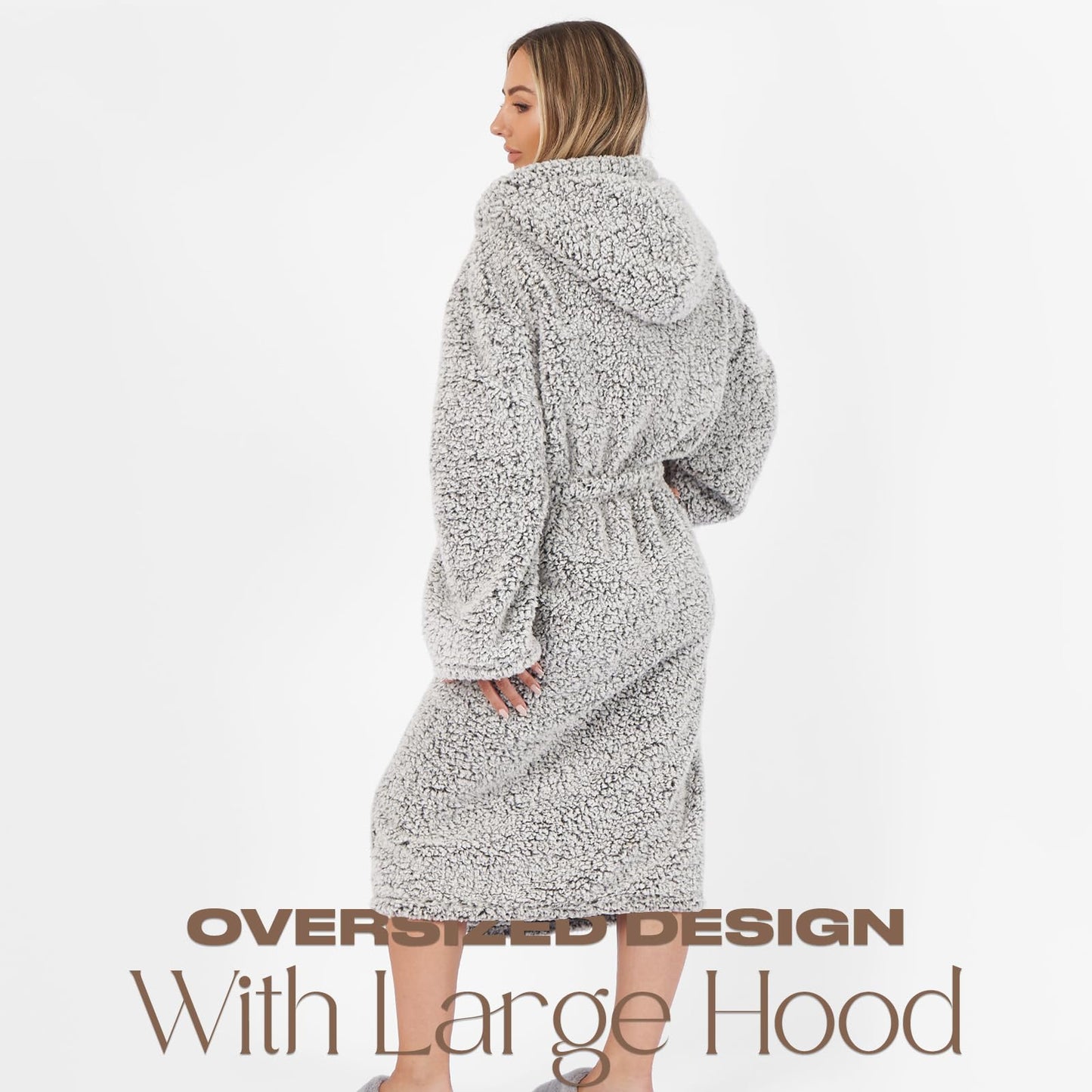Brentfords Ladies Dressing Gown, Ultra Soft Warm Teddy Fleece Bathrobe with Hood & Pockets Luxurious Full-Length Adults Dressing Gown for Women, Charcoal Grey