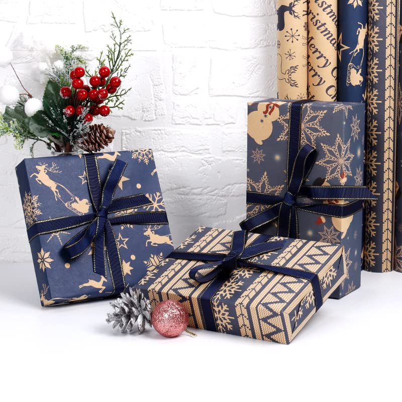 Christmas Wrapping Paper Set, 10 Pack Folded Sheets (5 Designs, 2 Each) 70x50cm – Kraft & Navy Gift Wrap Paper with Reindeer and Snowflake Prints – Recyclable Xmas Wrapping for Gifts & Holidays