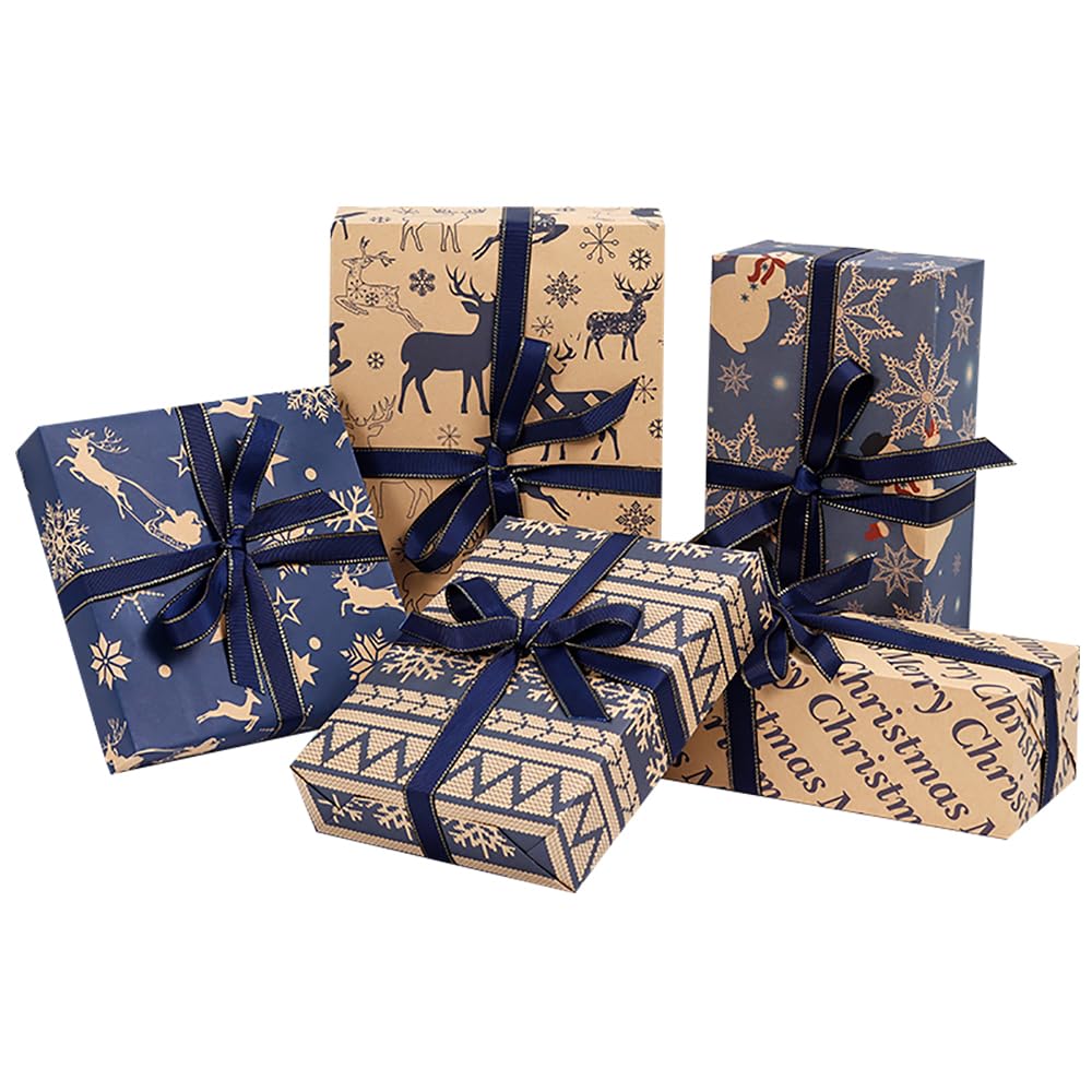 Christmas Wrapping Paper Set, 10 Pack Folded Sheets (5 Designs, 2 Each) 70x50cm – Kraft & Navy Gift Wrap Paper with Reindeer and Snowflake Prints – Recyclable Xmas Wrapping for Gifts & Holidays
