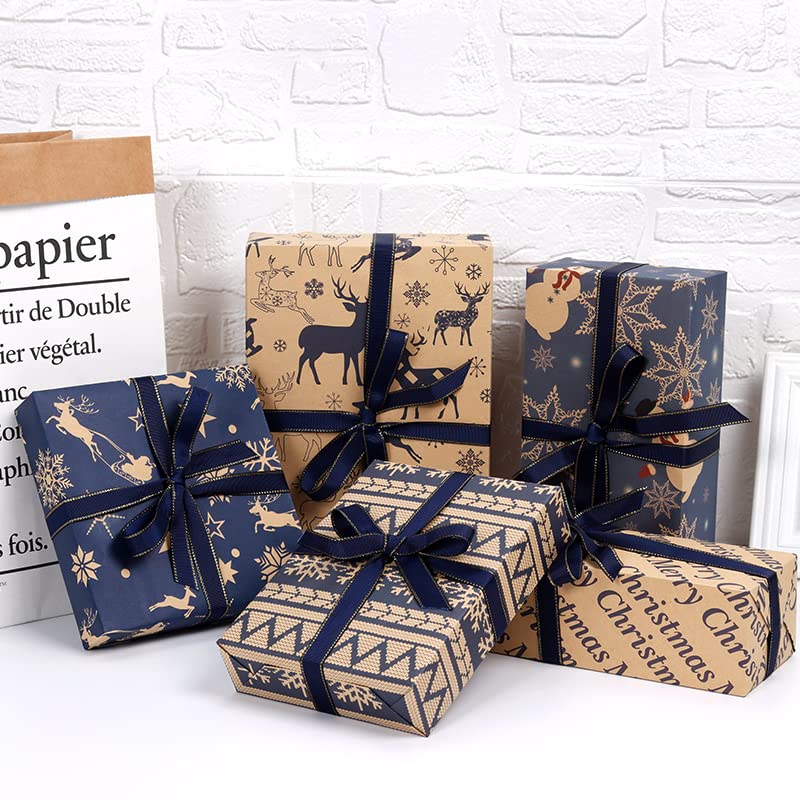 Christmas Wrapping Paper Set, 10 Pack Folded Sheets (5 Designs, 2 Each) 70x50cm – Kraft & Navy Gift Wrap Paper with Reindeer and Snowflake Prints – Recyclable Xmas Wrapping for Gifts & Holidays