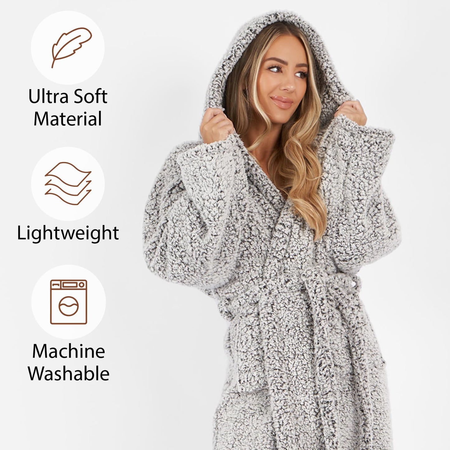 Brentfords Ladies Dressing Gown, Ultra Soft Warm Teddy Fleece Bathrobe with Hood & Pockets Luxurious Full-Length Adults Dressing Gown for Women, Charcoal Grey