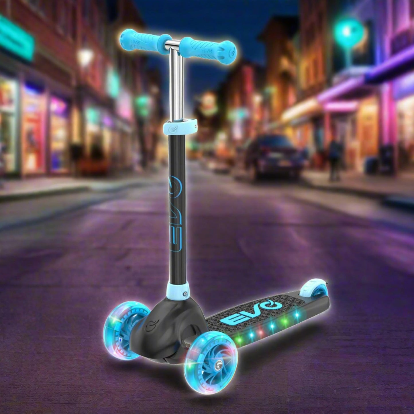 EVO Eclipse Light-Up 3-Wheel Kick Scooter for Kids Ages 3–12 | Adjustable Handlebar Push Ride-On with LED Wheels | Foldable Scooter for Boys & Girls – Blue