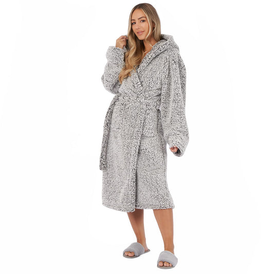 Brentfords Ladies Dressing Gown, Ultra Soft Warm Teddy Fleece Bathrobe with Hood & Pockets Luxurious Full-Length Adults Dressing Gown for Women, Charcoal Grey