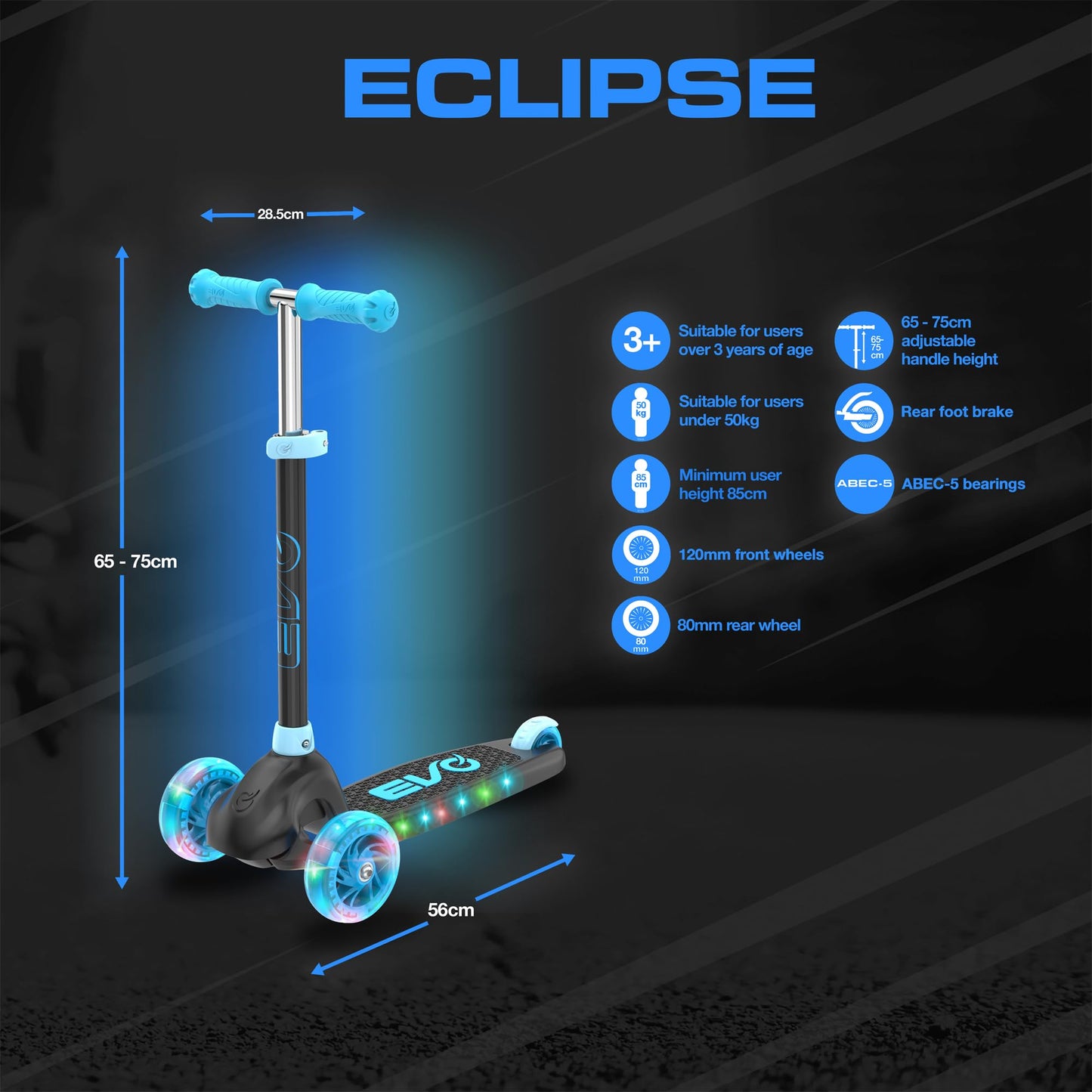 EVO Eclipse Light-Up 3-Wheel Kick Scooter for Kids Ages 3–12 | Adjustable Handlebar Push Ride-On with LED Wheels | Foldable Scooter for Boys & Girls – Blue