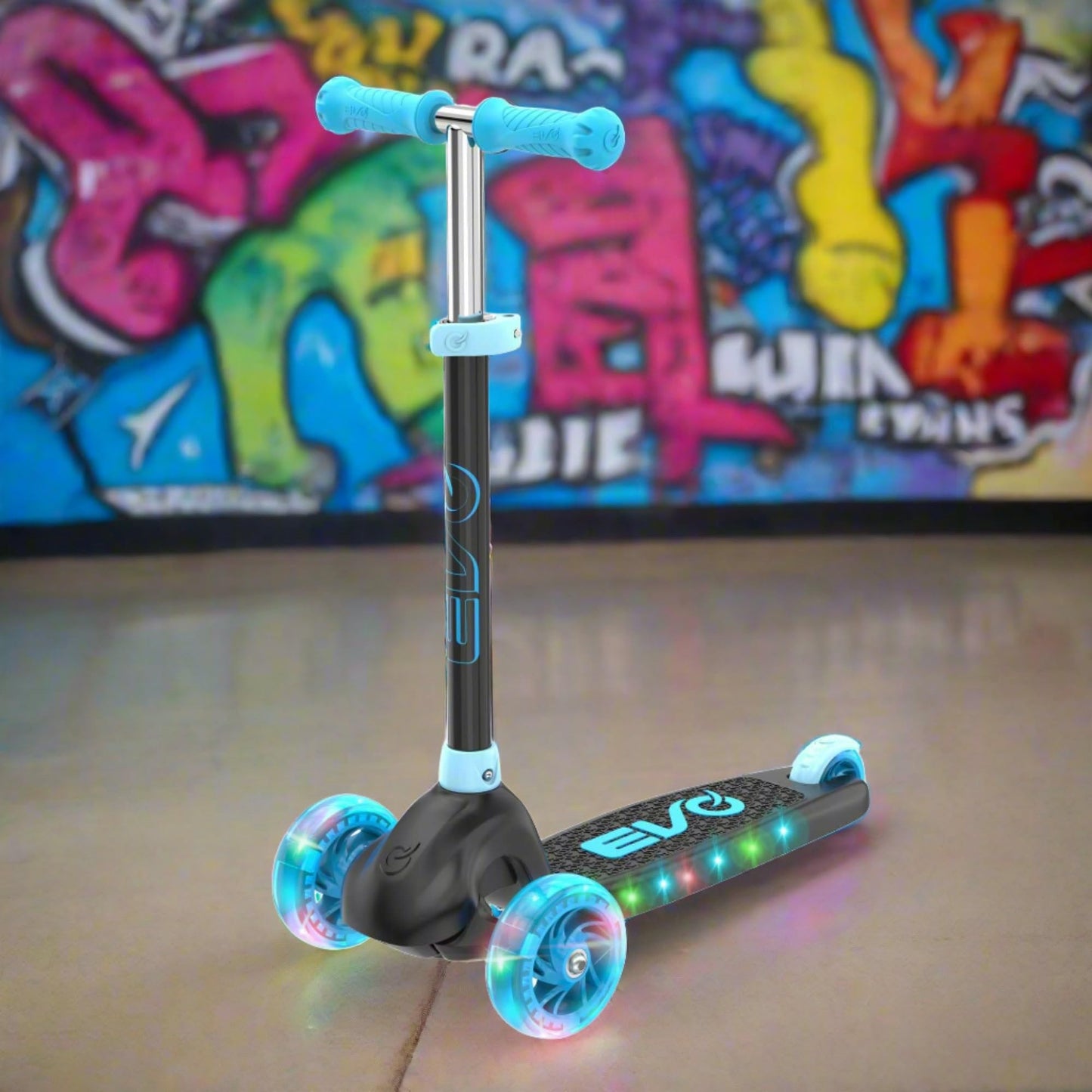 EVO Eclipse Light-Up 3-Wheel Kick Scooter for Kids Ages 3–12 | Adjustable Handlebar Push Ride-On with LED Wheels | Foldable Scooter for Boys & Girls – Blue