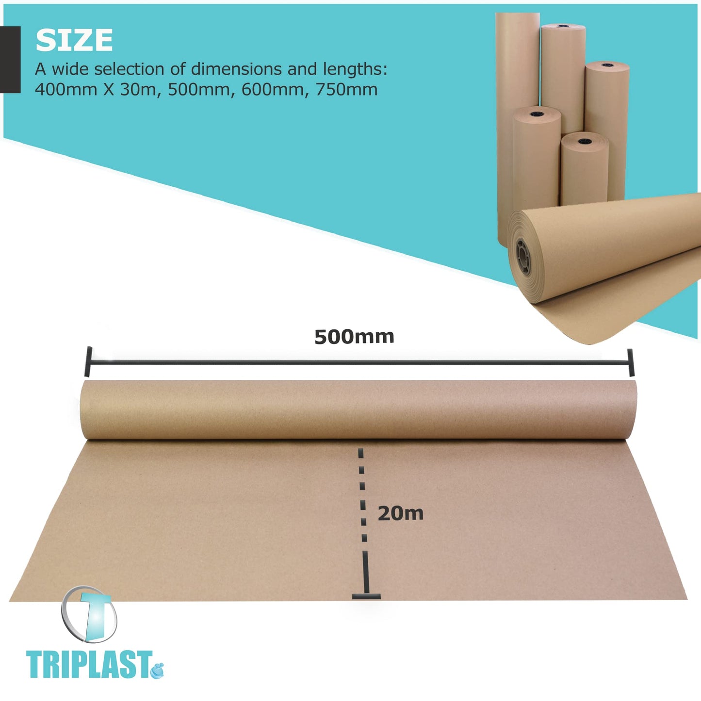 Triplast Brown ECO Kraft Paper (500mm x 20m) - Eco-Conscious & Recyclable - Multipurpose Wrapping Paper Roll with a Premium & Rustic Finish - Ideal for Gift Wrapping, Parcel Packing, Arts & Craft