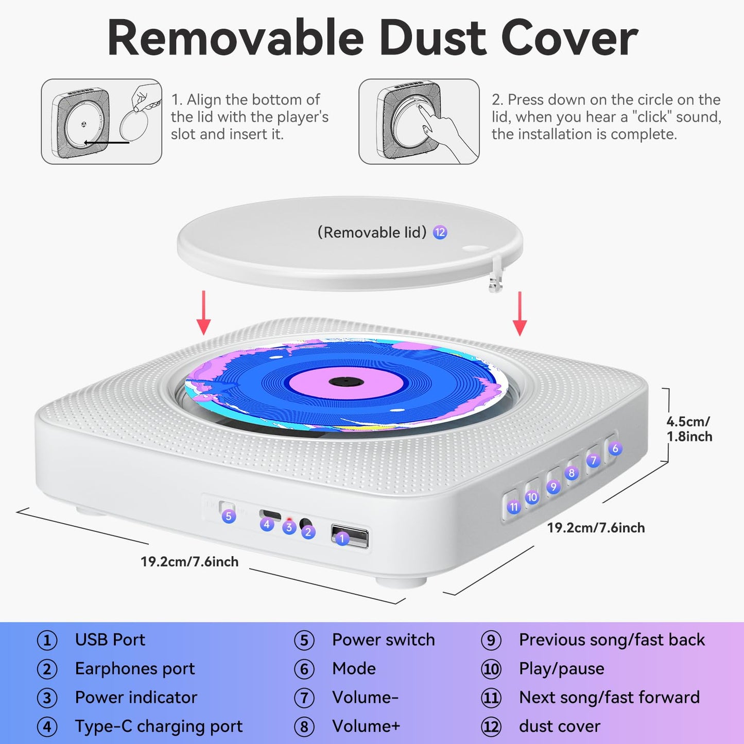 CD Player Portable: Kegaudio CD Players for Home with Speakers & Bluetooth & Remote Control & Removable Dust Cover Desktop & Wall Mounted CD Player with Radio Support USB/AUX Playback Headphone jack