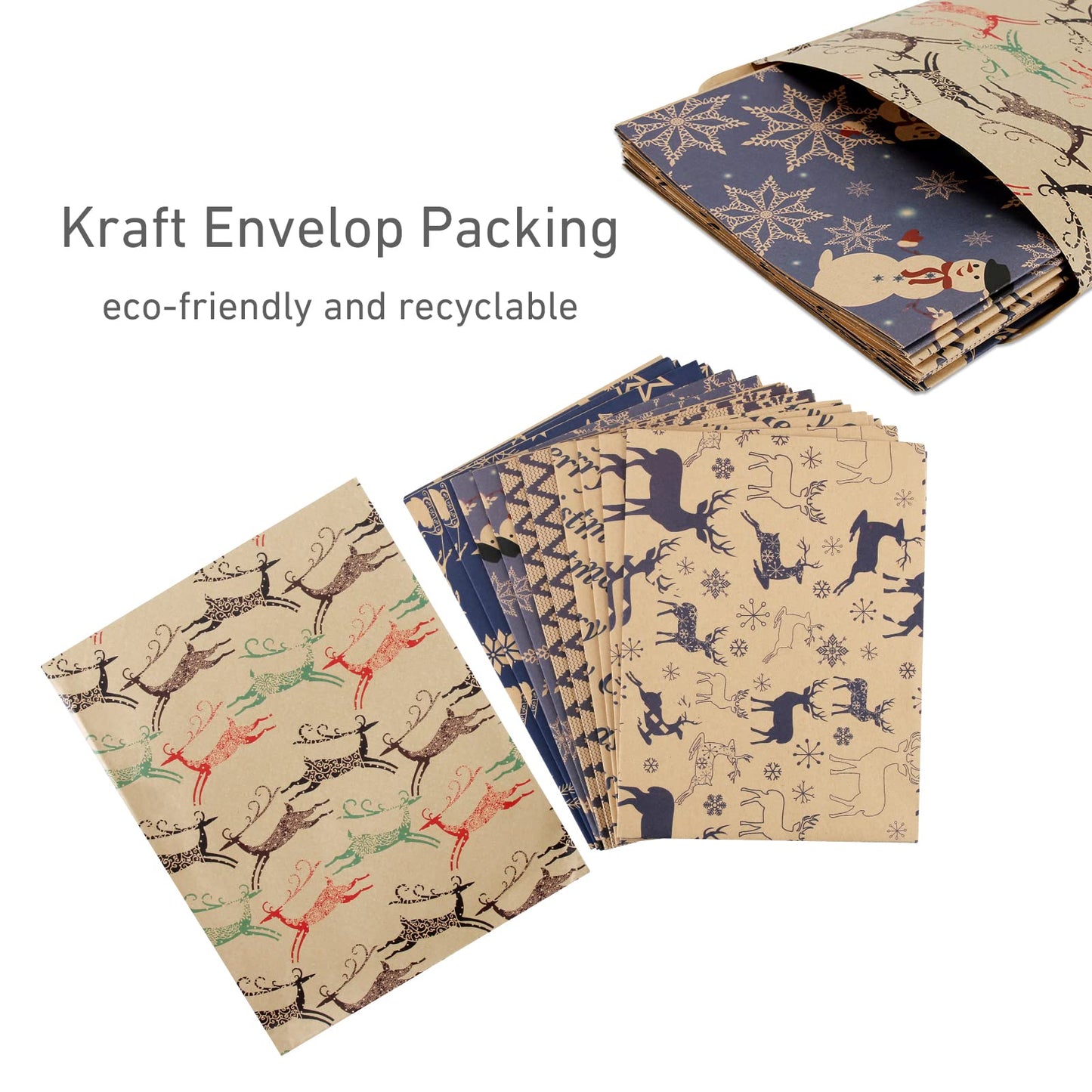 Christmas Wrapping Paper Set, 10 Pack Folded Sheets (5 Designs, 2 Each) 70x50cm – Kraft & Navy Gift Wrap Paper with Reindeer and Snowflake Prints – Recyclable Xmas Wrapping for Gifts & Holidays
