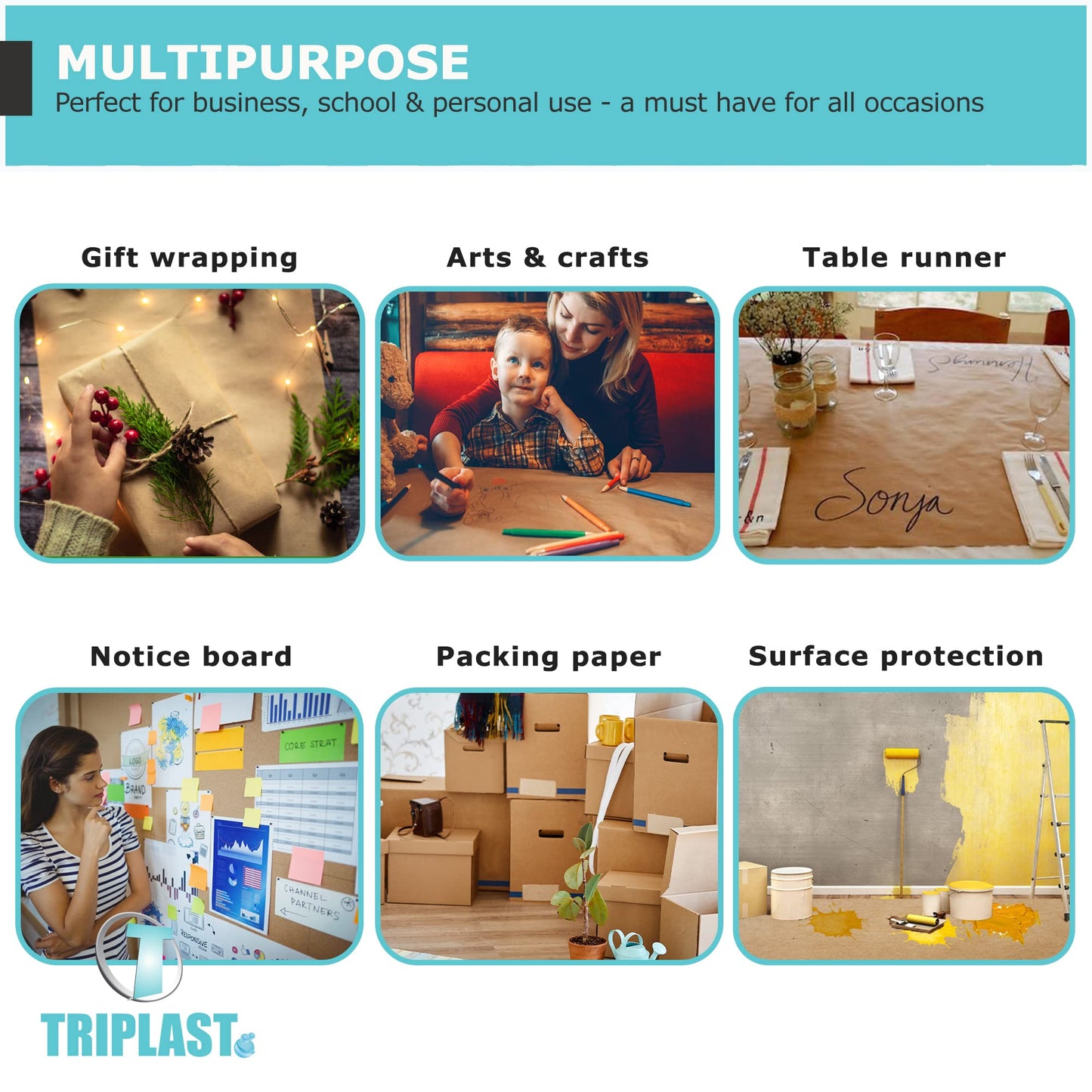 Triplast Brown ECO Kraft Paper (500mm x 20m) - Eco-Conscious & Recyclable - Multipurpose Wrapping Paper Roll with a Premium & Rustic Finish - Ideal for Gift Wrapping, Parcel Packing, Arts & Craft