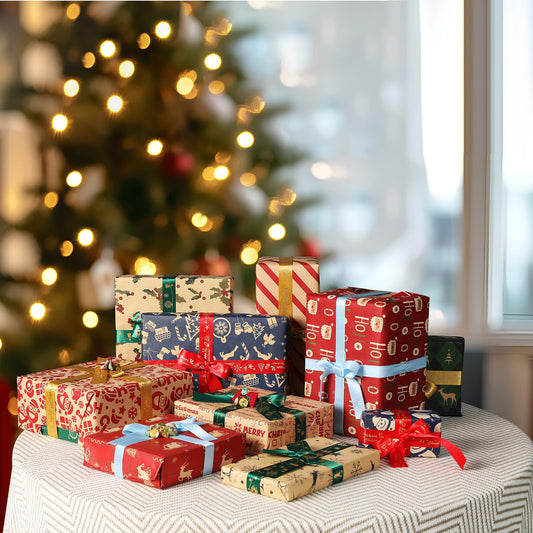 Christmas Wrapping Paper Sheets Xmas Gift Wrap Set, 70 * 50cm 10Sheet Luxury Traditional Red Blue Kraft Paper with Strings&Tags, Family Friends Present Decorations for Festival Holiday Party New Year