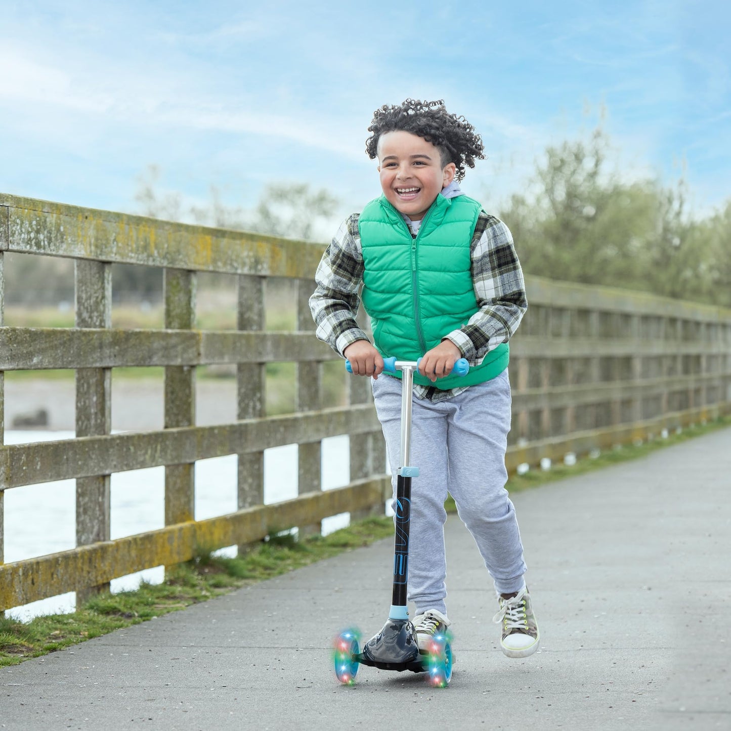 EVO Eclipse Light-Up 3-Wheel Kick Scooter for Kids Ages 3–12 | Adjustable Handlebar Push Ride-On with LED Wheels | Foldable Scooter for Boys & Girls – Blue