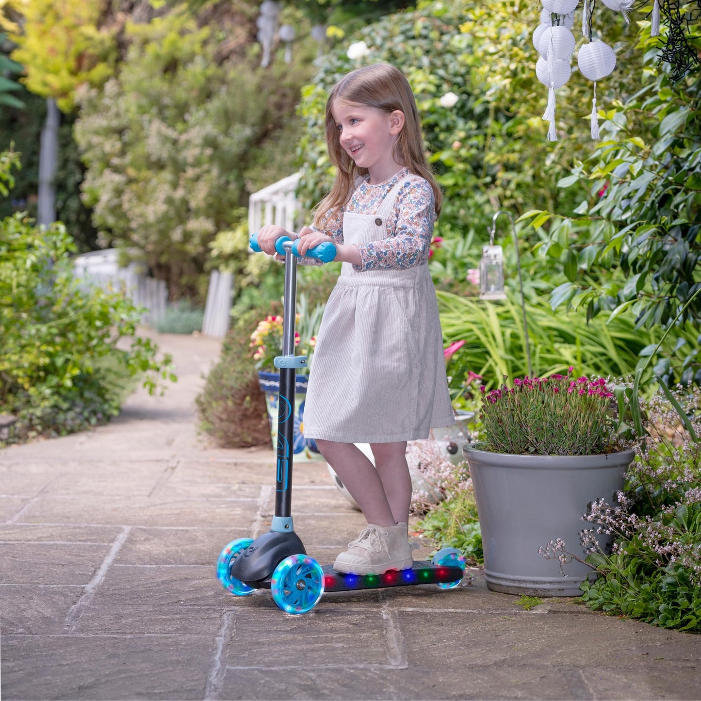 EVO Eclipse Light-Up 3-Wheel Kick Scooter for Kids Ages 3–12 | Adjustable Handlebar Push Ride-On with LED Wheels | Foldable Scooter for Boys & Girls – Blue