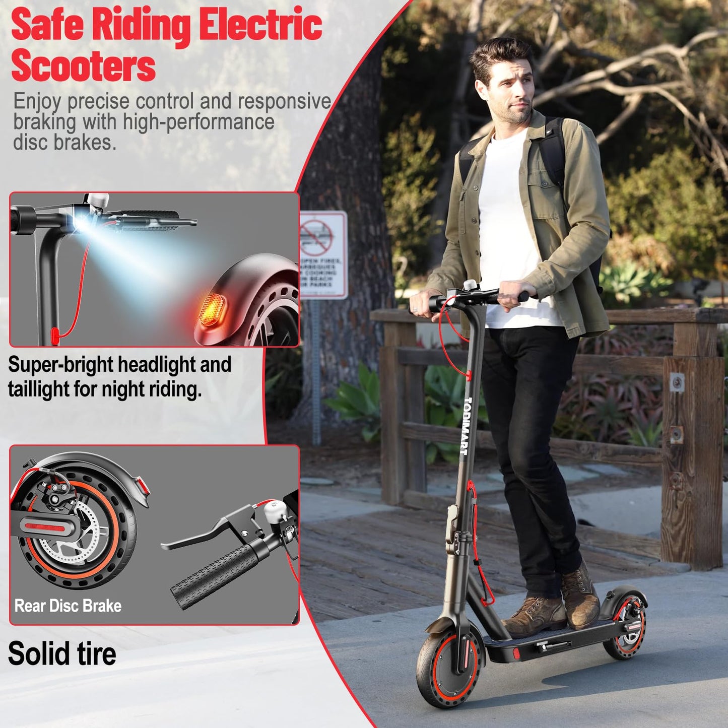 Electric Scooter Adult, 8.5" Ultra Light Electric Scooters for Adults and Teens, 30km Range, 36V 7.8Ah Battery, 350W Motor, 3 Speed Mode, TODIMART T3 Foldable E Scooter-Upgraded Black