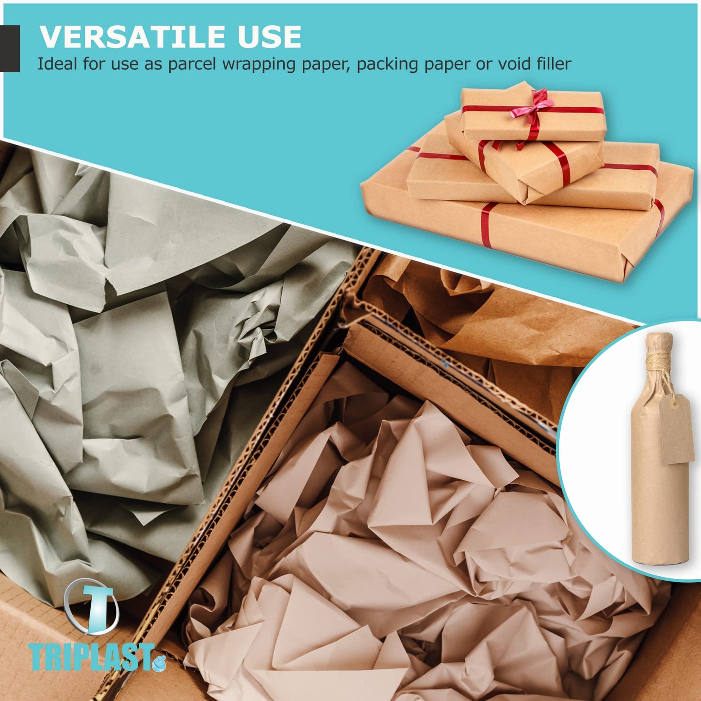 Triplast Brown ECO Kraft Paper (500mm x 20m) - Eco-Conscious & Recyclable - Multipurpose Wrapping Paper Roll with a Premium & Rustic Finish - Ideal for Gift Wrapping, Parcel Packing, Arts & Craft