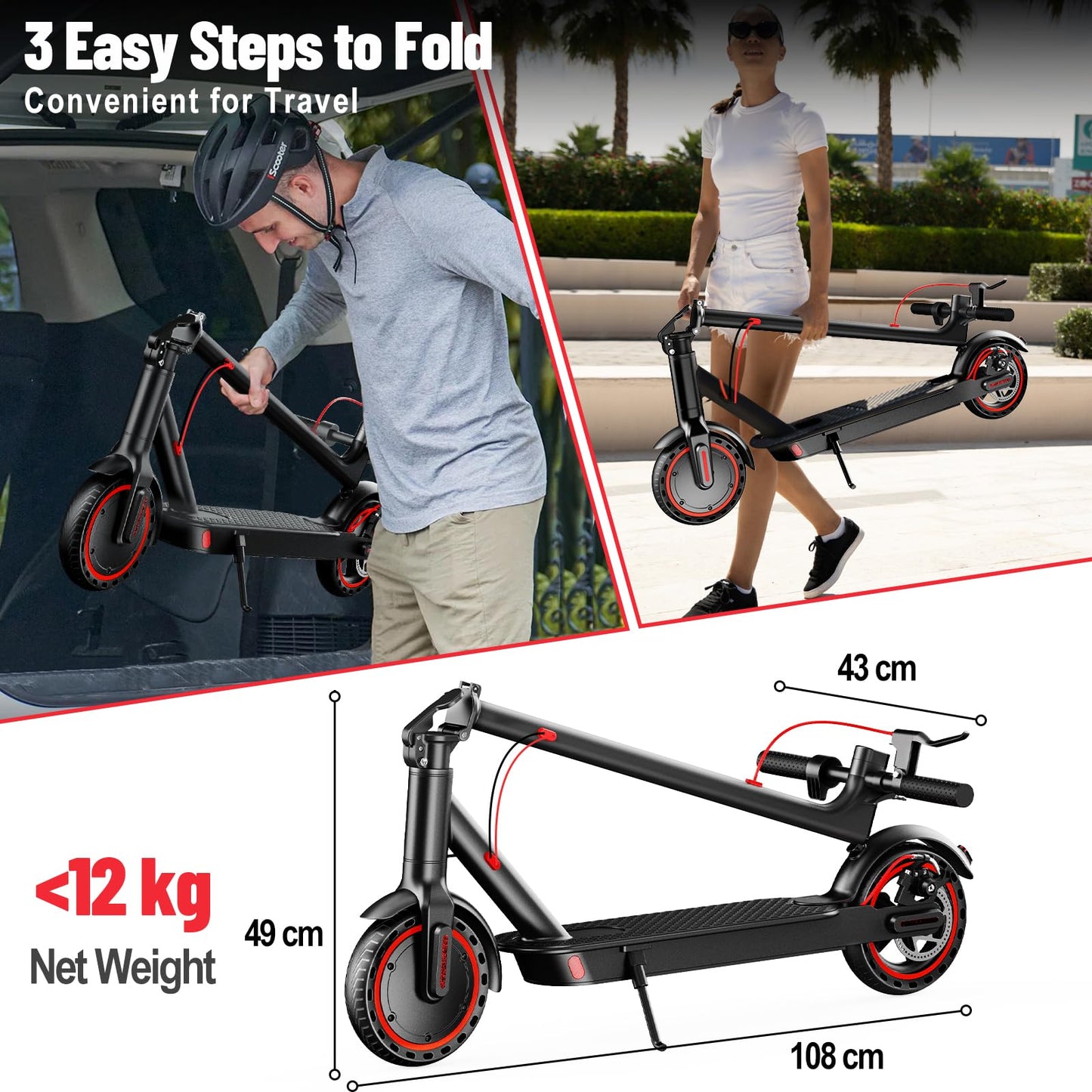 Electric Scooter Adult, 8.5" Ultra Light Electric Scooters for Adults and Teens, 30km Range, 36V 7.8Ah Battery, 350W Motor, 3 Speed Mode, TODIMART T3 Foldable E Scooter-Upgraded Black