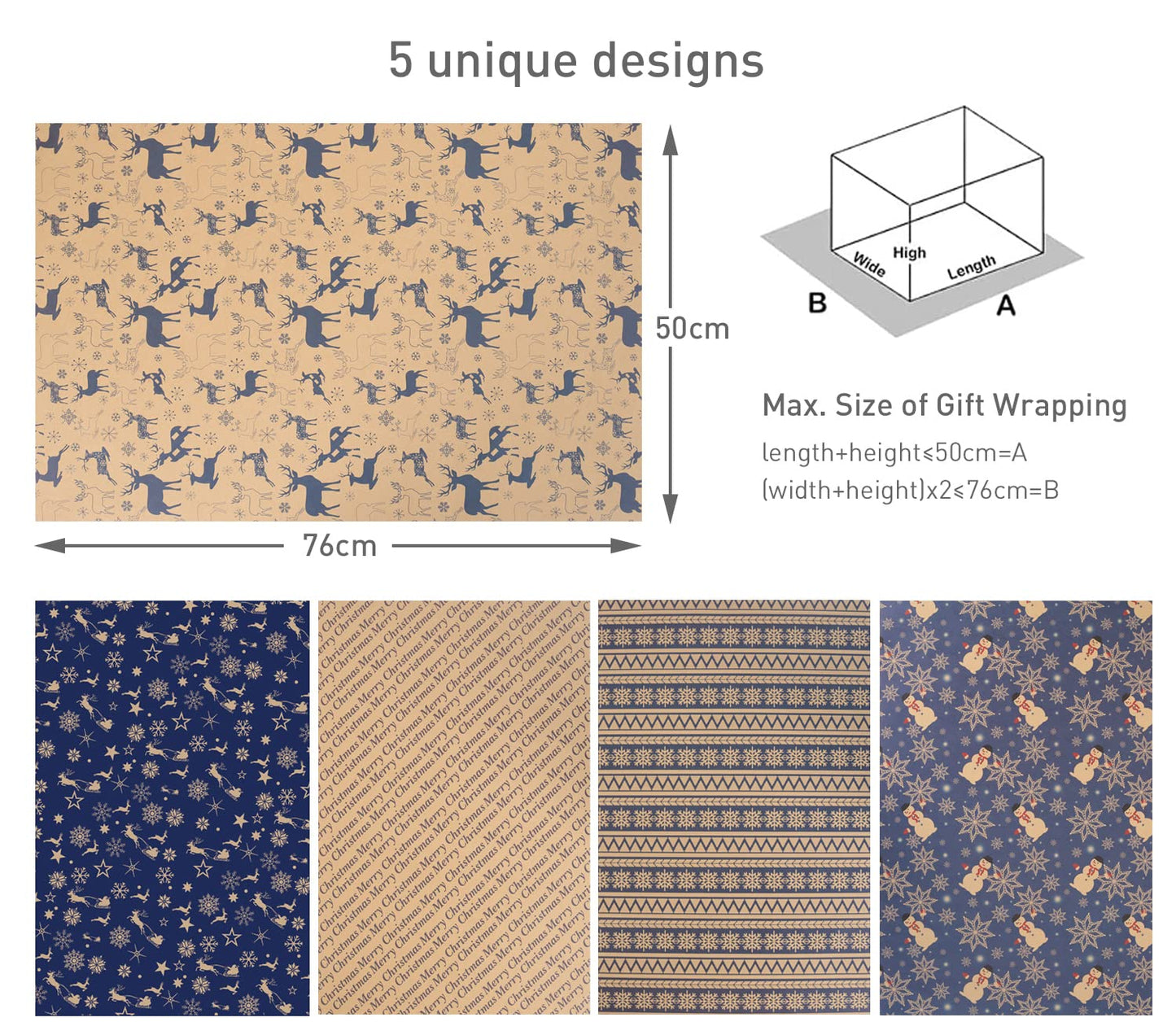 Christmas Wrapping Paper Set, 10 Pack Folded Sheets (5 Designs, 2 Each) 70x50cm – Kraft & Navy Gift Wrap Paper with Reindeer and Snowflake Prints – Recyclable Xmas Wrapping for Gifts & Holidays